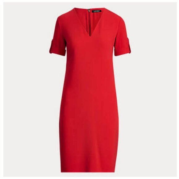 Lauren Ralph‎ Lauren Red V-Neck Short Sleeve Shift Dress Size 8